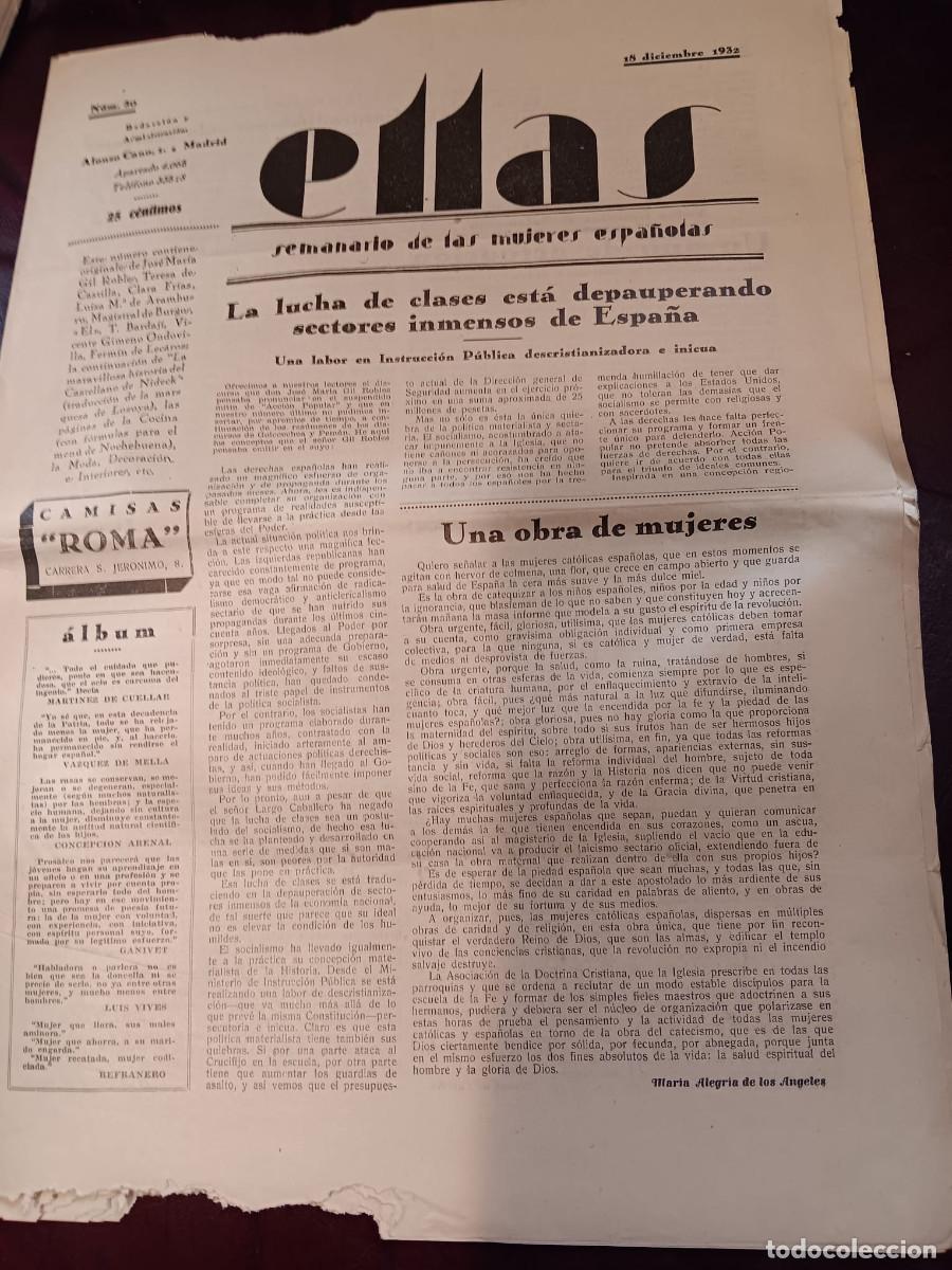 Coleccionismo de revistas y peri&oacute;dicos: ELLAS. SEMANARIO DE LAS MUJERES ESPA&Ntilde;OLAS. N&ordm; 30. DICIEMBRE 1932. PEM&Aacute;N. GIL ROBLES