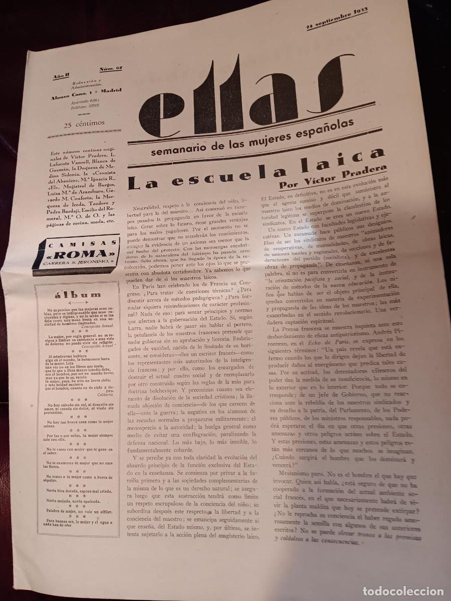 Coleccionismo de revistas y peri&oacute;dicos: ELLAS. SEMANARIO DE LAS MUJERES ESPA&Ntilde;OLAS. N&ordm; 67. SEPTIEMBRE 1933. PEM&Aacute;N. ESCUELA LAICA. V. PRADERA
