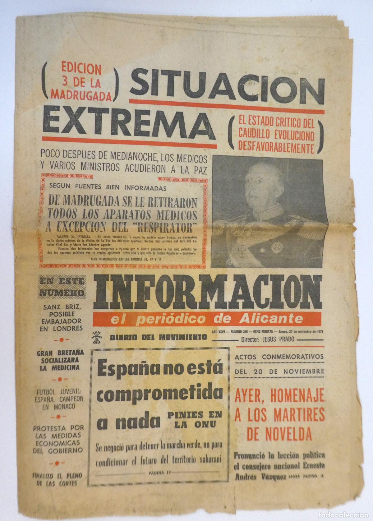 Coleccionismo de revistas y peri&oacute;dicos: Diario Informaci&oacute;n de Alicante Jueves 20 Noviembre 1975, Edici&oacute;n de las 3 de la madrugada