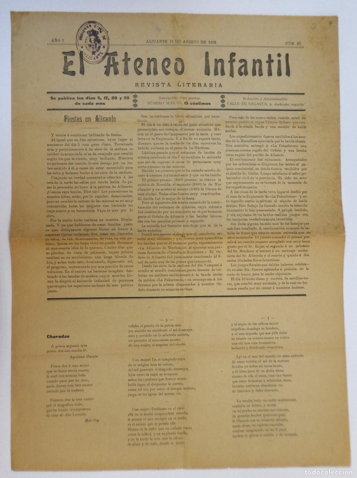 Coleccionismo de revistas y peri&oacute;dicos: Revista Literaria Ateneo Infantil Alicante 12 de Agosto 1902