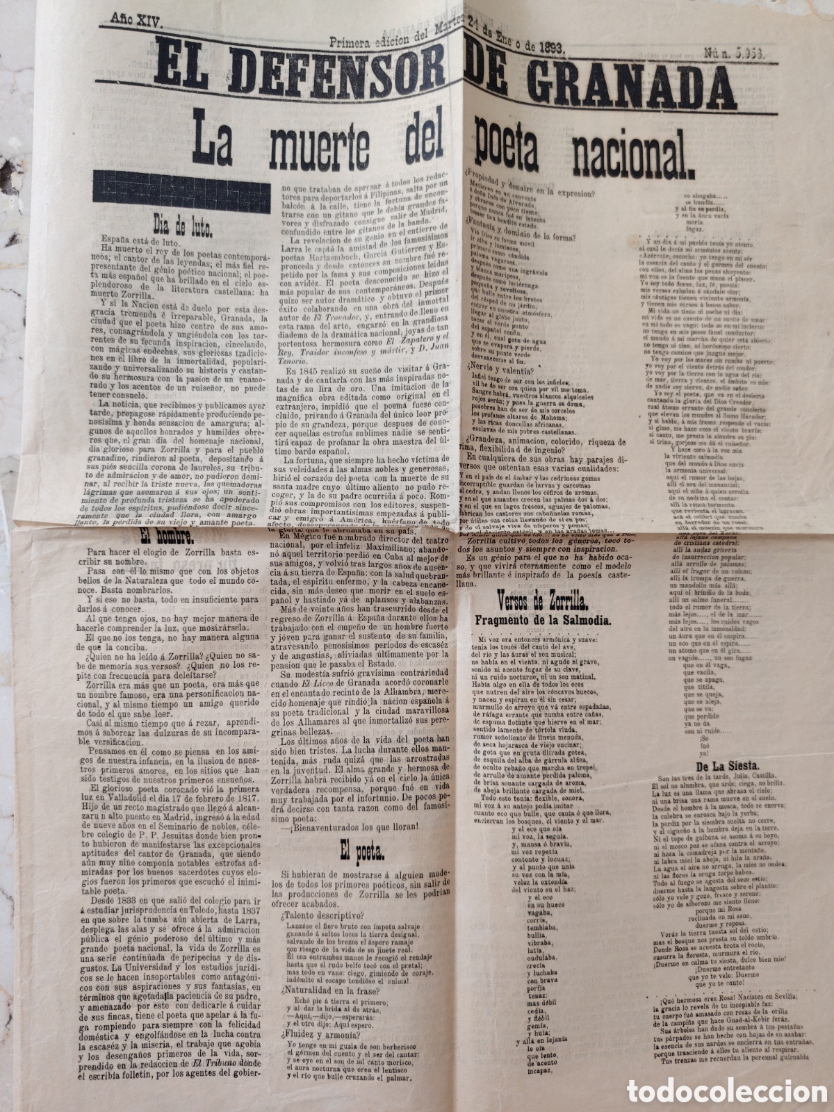 Coleccionismo de revistas y peri&oacute;dicos: EL DEFENSOR DE GRANADA. Primera edici&oacute;n martes 24 enero 1893