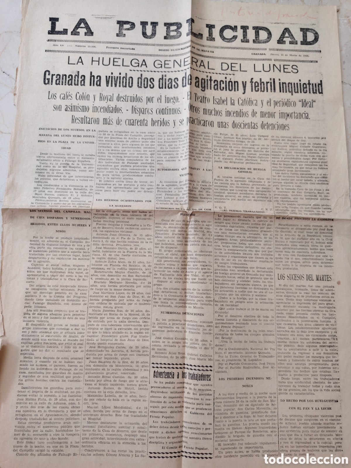 Coleccionismo de revistas y peri&oacute;dicos: LA PUBLICIDAD. Granada, 12 de marzo de 1936