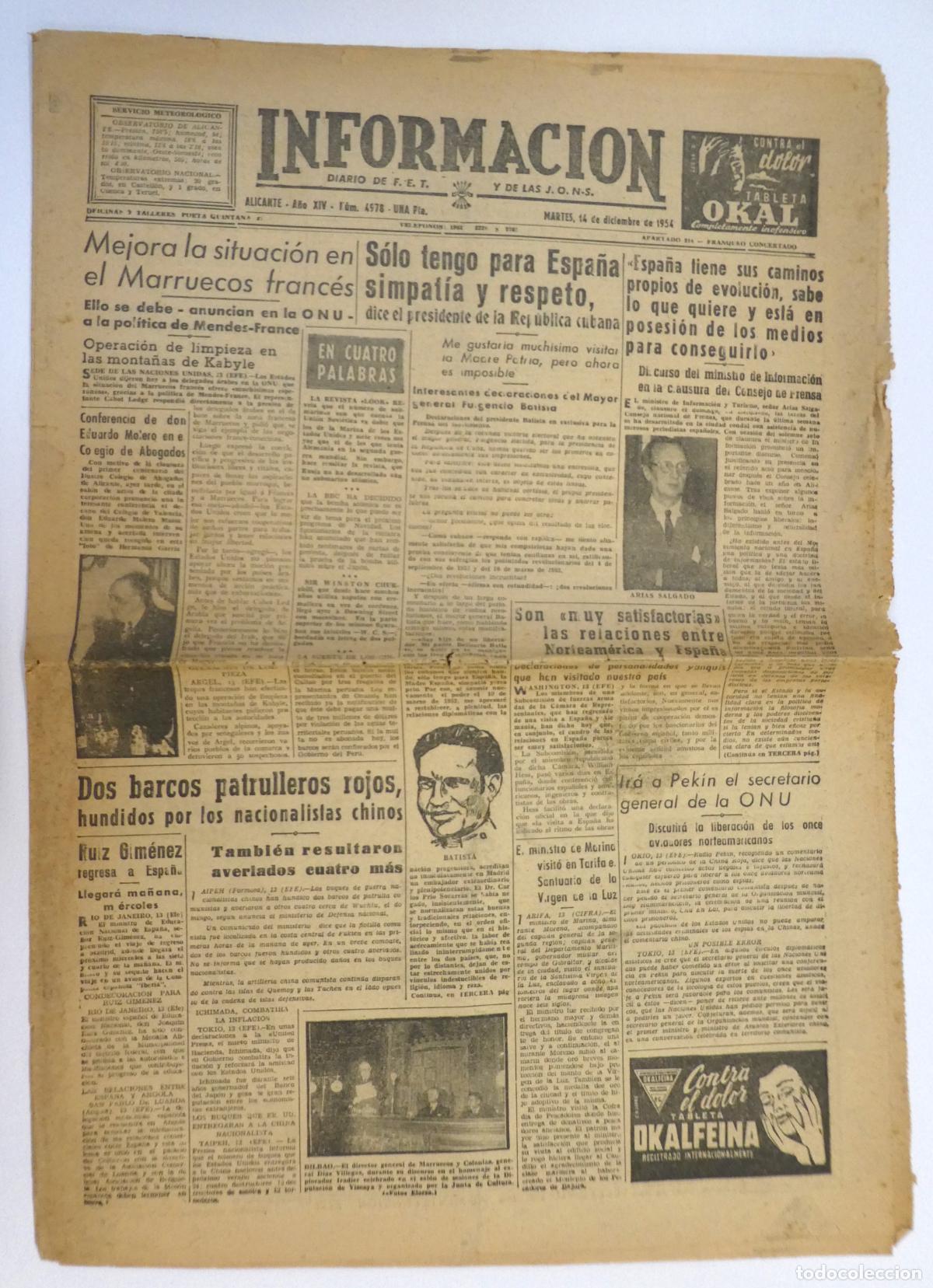Coleccionismo de revistas y peri&oacute;dicos: Informaci&oacute;n Diario de F.E.T. y de las J.O.N.S 14 de Diciembre 1954