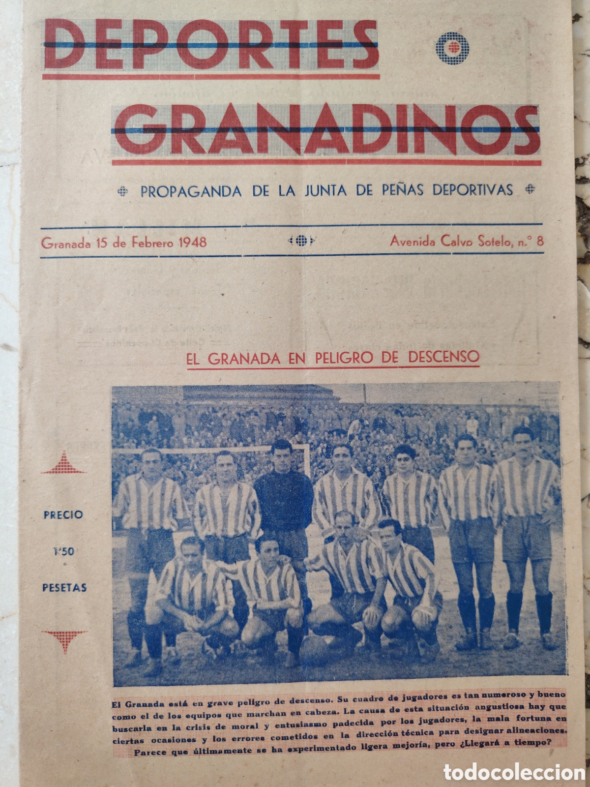 Coleccionismo de revistas y peri&oacute;dicos: DEPORTES GRANADINOS. Propaganda de la junta de pe&ntilde;as deportivas. 1948