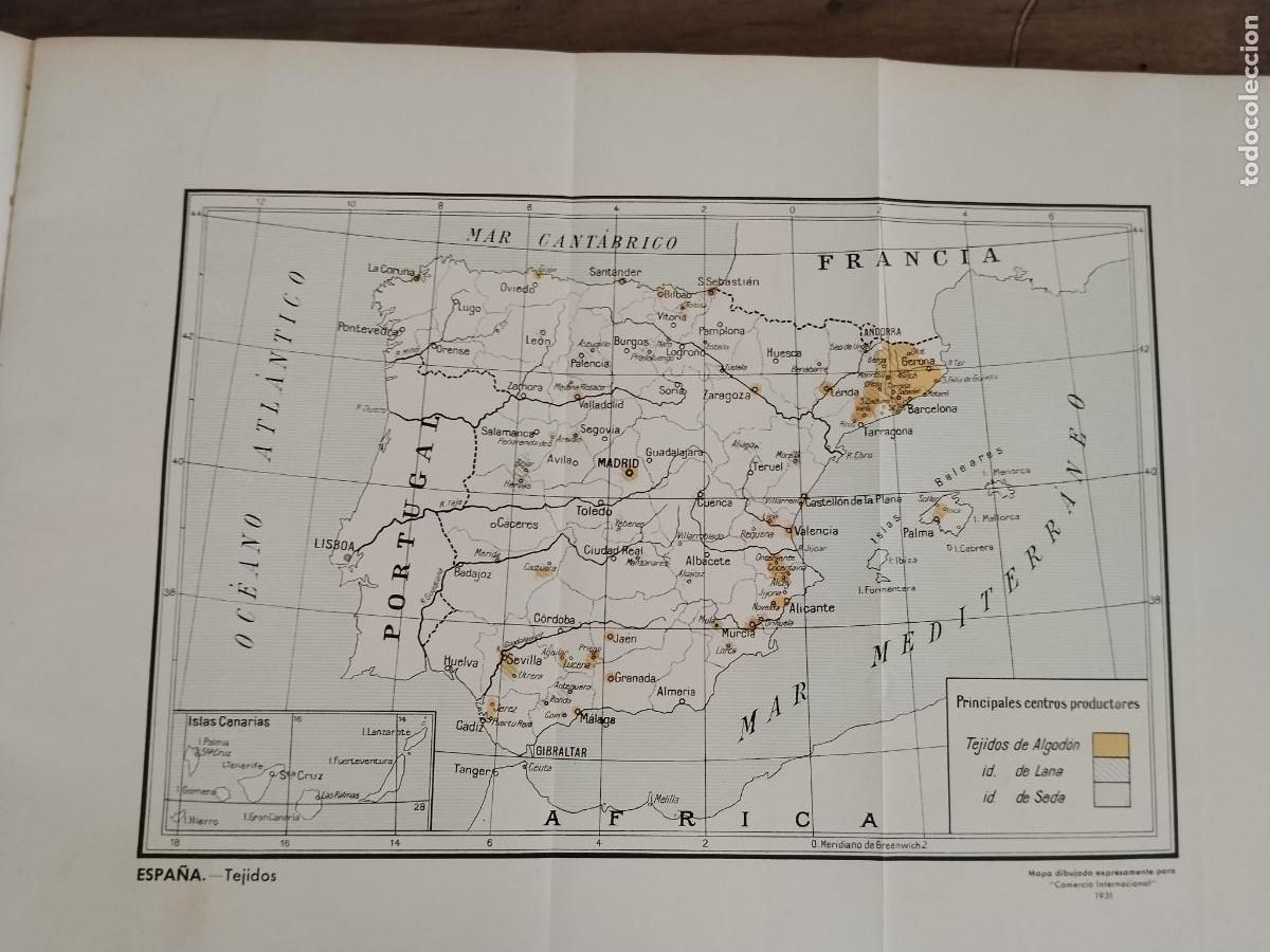 Coleccionismo de revistas y peri&oacute;dicos: MAPA DE ESPA&Ntilde;A TEJIDOS PRINCIPALES CENTROS PRODUCTORES HOJA A&Ntilde;O 1931-1932