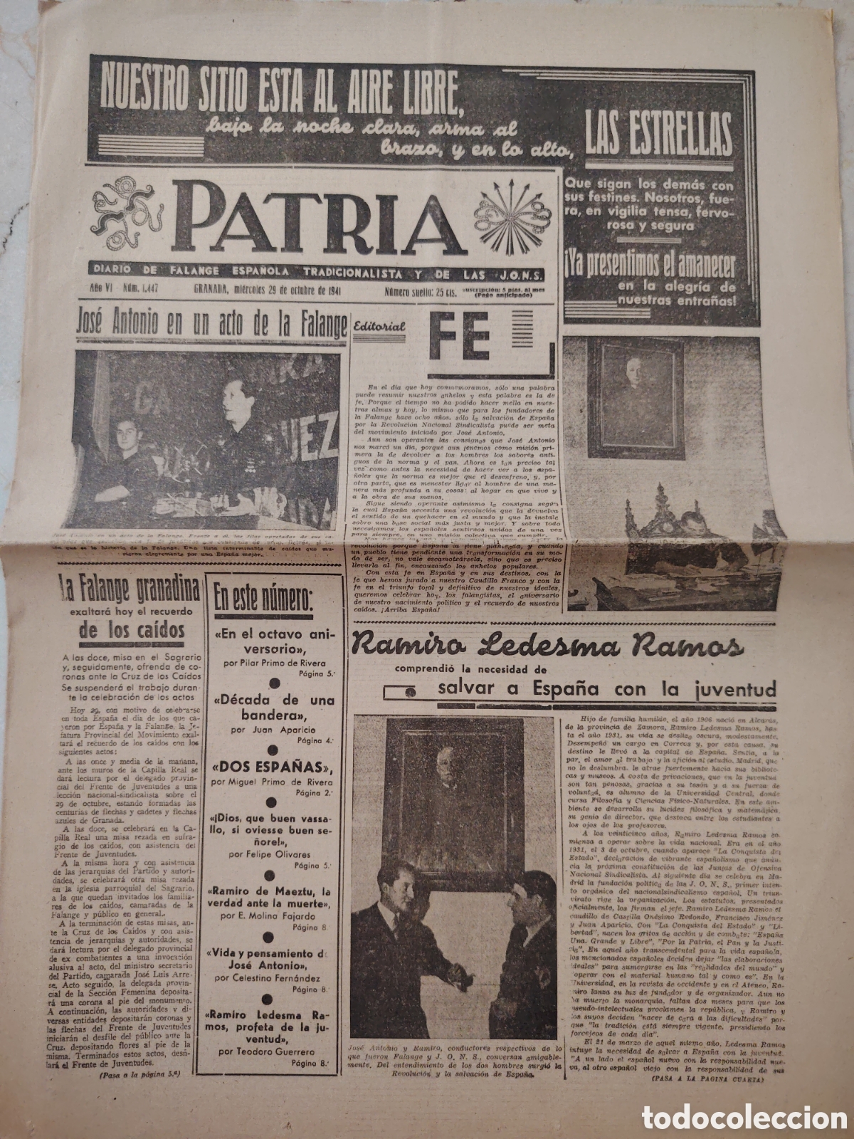 Coleccionismo de revistas y peri&oacute;dicos: PATRIA. Diario de Falange Espa&ntilde;ola Tradicionalista y de las J. O. N. S