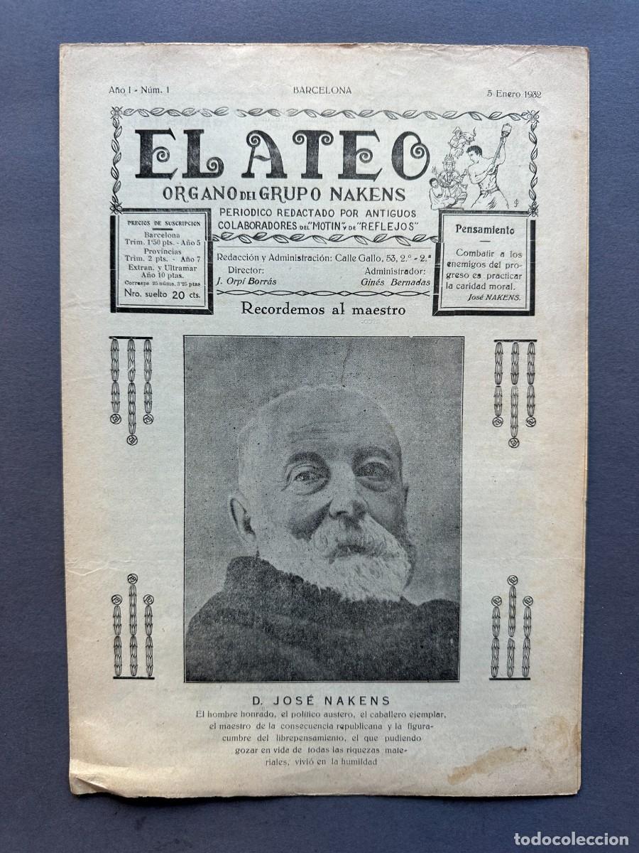 Coleccionismo de revistas y peri&oacute;dicos: A&Ntilde;O 1932 - EL ATEO - ORGANO DEL GRUPO NAKENS - ATEISMO - PERIODICO ANTICLERICAL - A&Ntilde;O 1, N&ordm; 1