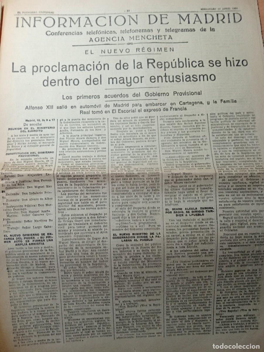 Sammeln von Zeitschriften und Zeitungen: PERIODICO 15 DE ABRIL DE 1931 PROCLAMACION DE LA REPUBLICA ESPA&Ntilde;OLA EXILIO DEL REY ALFONSO XIII