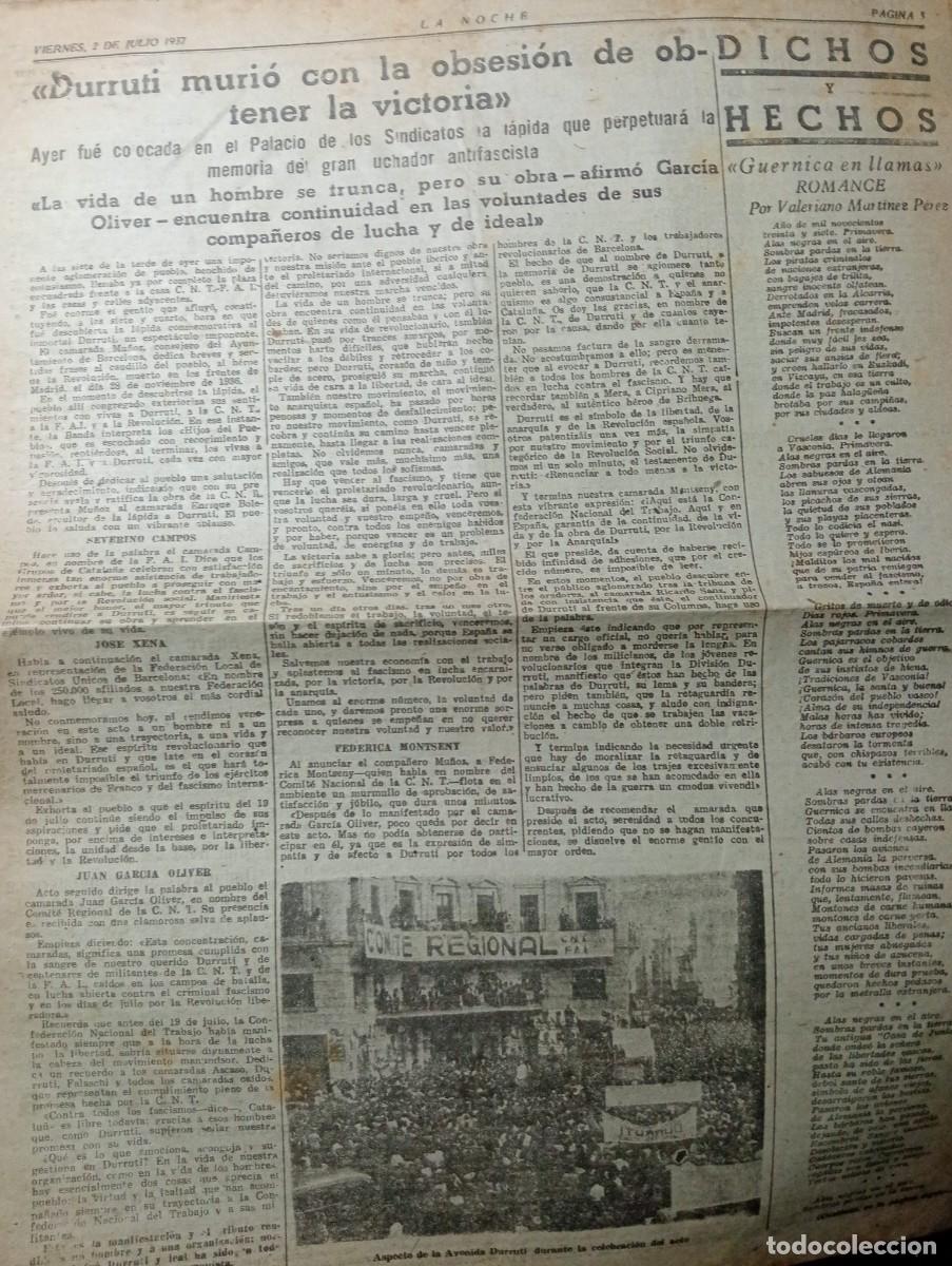 Coleccionismo de revistas y peri&oacute;dicos: PERIODICO A&Ntilde;O 1937 GUERRA CIVIL BOMBARDEO DE SANTANDER DURRUTI GARCIA OLIVER FEDERICA MONTSENY XENA