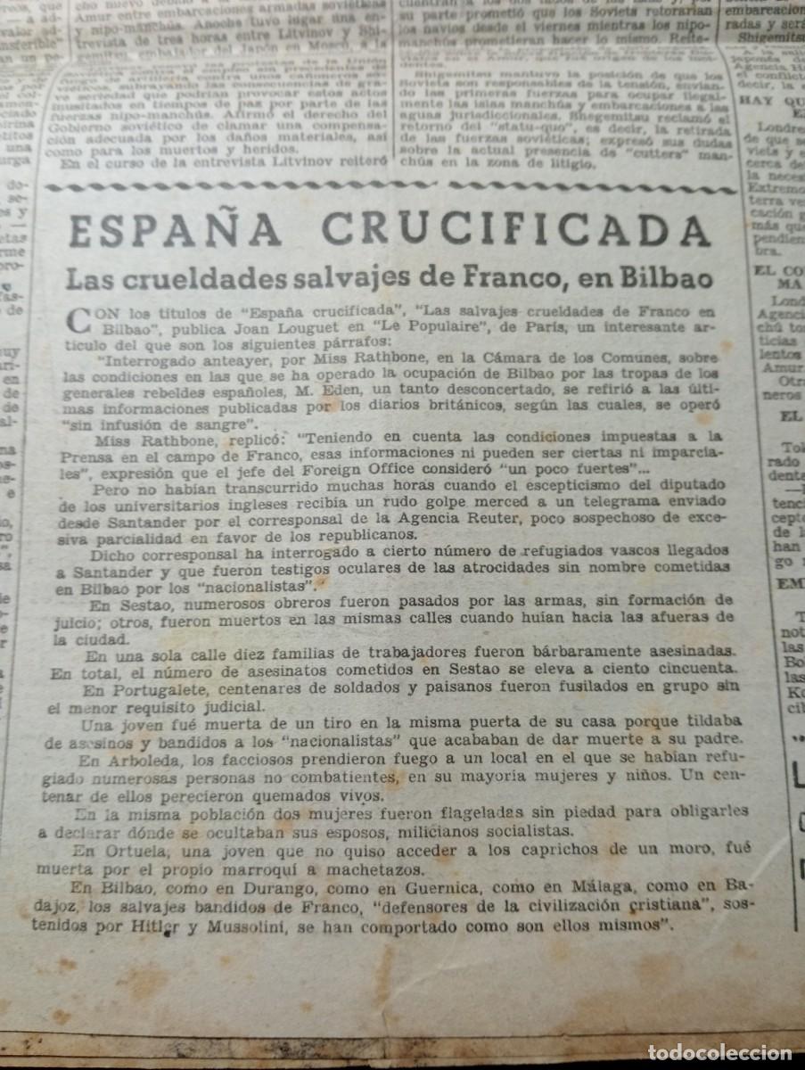 Coleccionismo de revistas y peri&oacute;dicos: PERIODICO A&Ntilde;O 1937 GUERRA CIVIL SIERRA DE COGOLLOS GRANADA GUERNICA REPRESION FRANQUISTA EN BILBAO