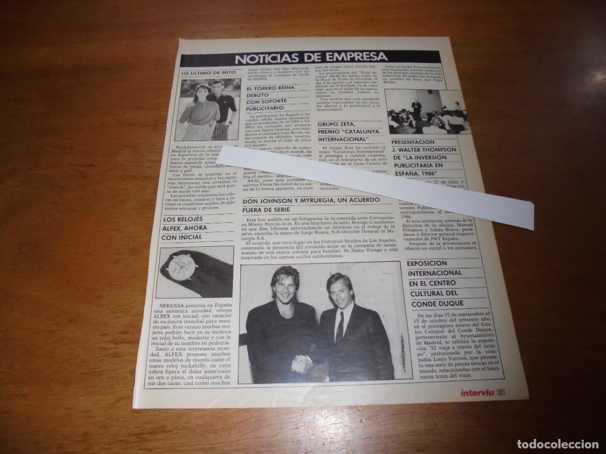 Coleccionismo de revistas y peri&oacute;dicos: CLIPPING 1987: DON JOHNSON Y MIRURGIA. RELOJES ALFEX. ROPA MITO. J. WALTER THOMPSON.