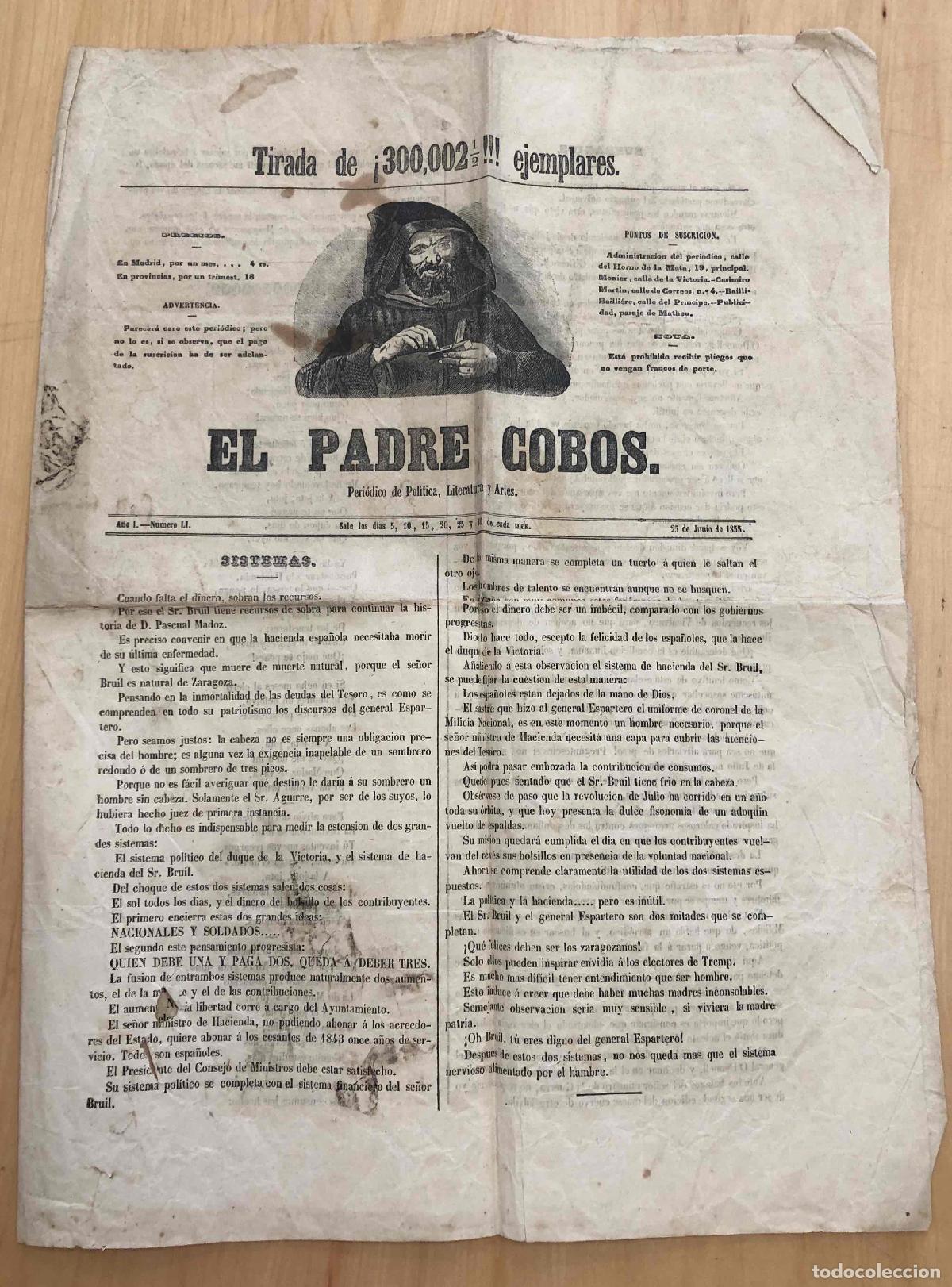 Coleccionismo de revistas y peri&oacute;dicos: PERIODICO DE POLITICA, LITERATURA Y ARTES EL PADRE COBOS. MADRID. N&ordm; LI, 25 DE JUNIO DE 1855
