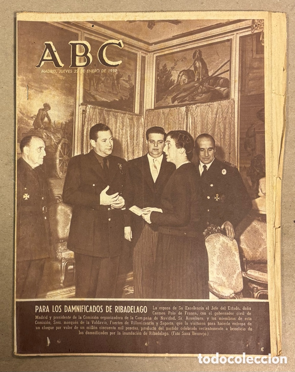Coleccionismo de revistas y peri&oacute;dicos: ABC (22 ENERO 1959) DONACI&Oacute;N DAMNIFICADOS TRAGEDIA DE RIBADELAGO, SECCI&Oacute;N FEMENINA, SOF&Iacute;A LOREN, FI
