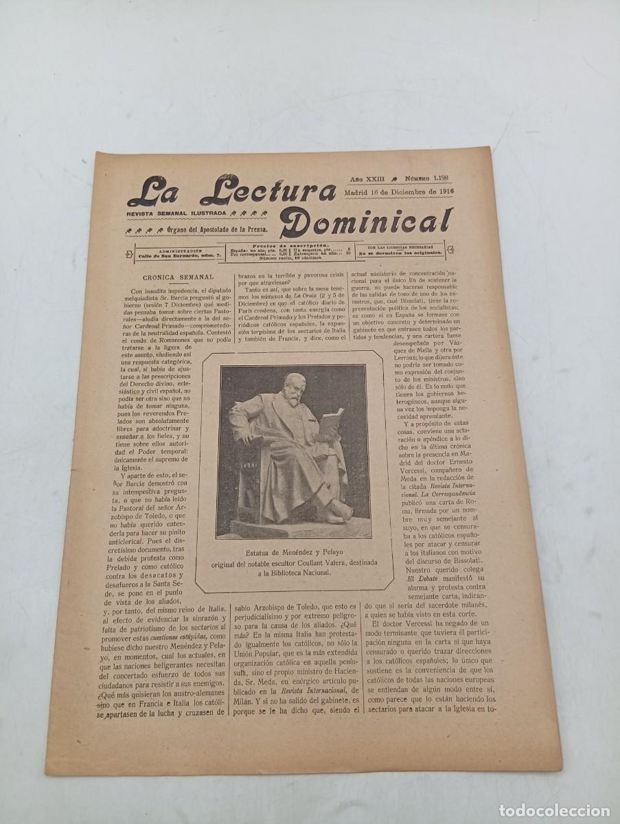 Coleccionismo de revistas y peri&oacute;dicos: LECTURA DOMINICAL. A&Ntilde;O XXIII. N&ordm; 1198. A&Ntilde;O 1916. ESTATUA DE MENENDEZ Y PELAYO. RECOGIENDO LA... LEER
