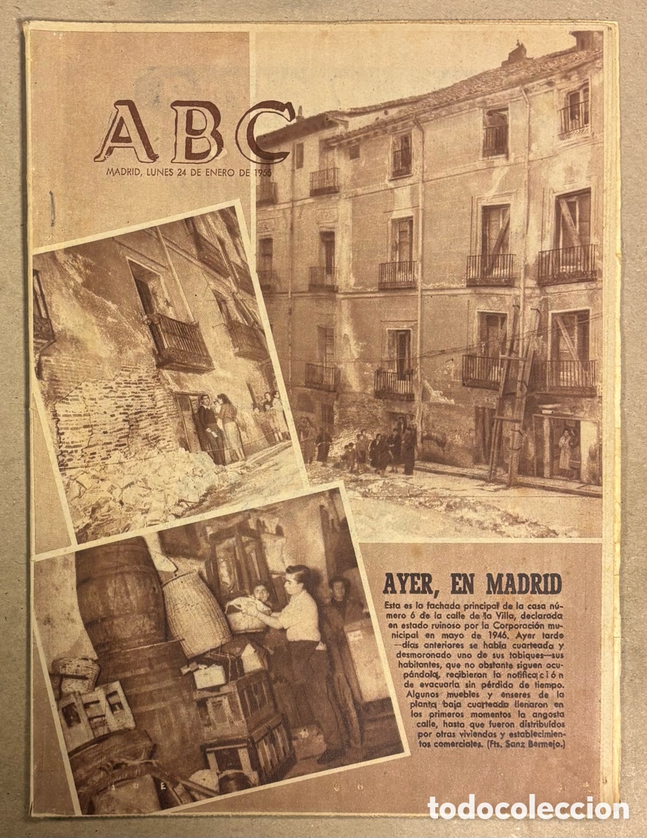 Coleccionismo de revistas y peri&oacute;dicos: ABC (24 ENERO 1955) EDIFICIO EN RUINAS CALLE DE LA VILLA MADRID, M&Aacute;LAGA 3-1 REAL MADRID, GALIANA BOX