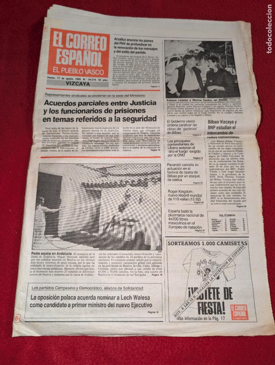 Coleccionismo de revistas y peri&oacute;dicos: EL CORREO ESPA&Ntilde;OL pueblo vasco 17 AGOSTO 1989 24214 COMPLETO arzalluz espartaco