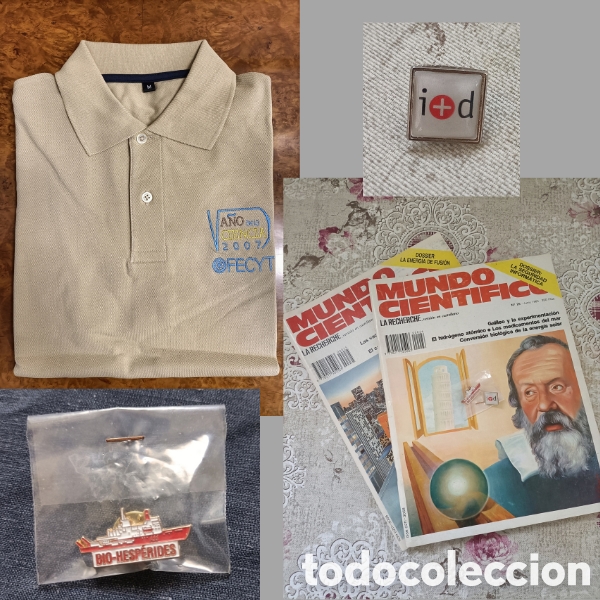 Coleccionismo de revistas y peri&oacute;dicos: Revistas Mundo Cient&iacute;fico A&ntilde;o 1983 + Camiseta FECYT y Chapas Bio-hesperides e i+d