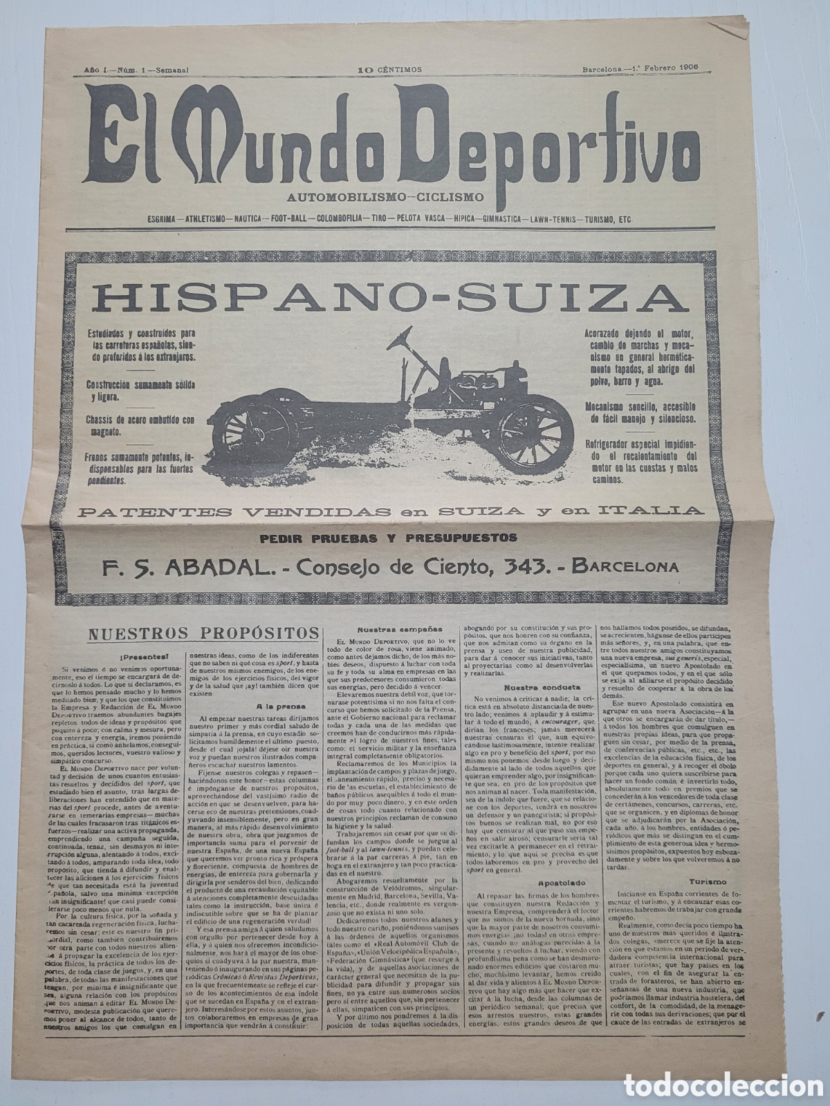 Coleccionismo de revistas y peri&oacute;dicos: El Mundo Deportivo A&ntilde;o 1 N&uacute;mero 1 A&ntilde;o 1906