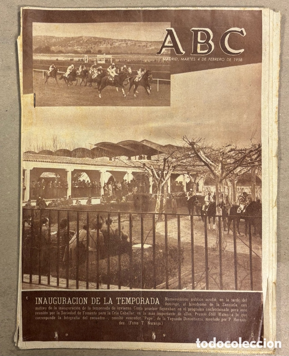 Coleccionismo de revistas y peri&oacute;dicos: ABC (4 FEBRERO 1958) INAUGURACI&Oacute;N TEMPORADA HIP&Oacute;DROMO ZARZUELA, 7 HOMBRES SOBRE UNA VESPA