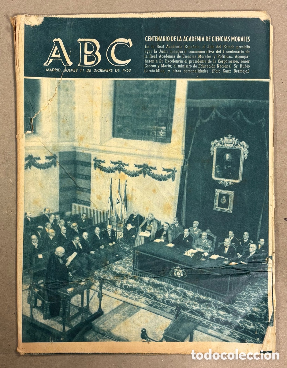 Coleccionismo de revistas y peri&oacute;dicos: ABC (11 DICIEMBRE 1958) CENTENARIO ACADEMIA CIENCIAS MORALES, JOVELLANOS GIJ&Oacute;N, BOTADURA BUQUE
