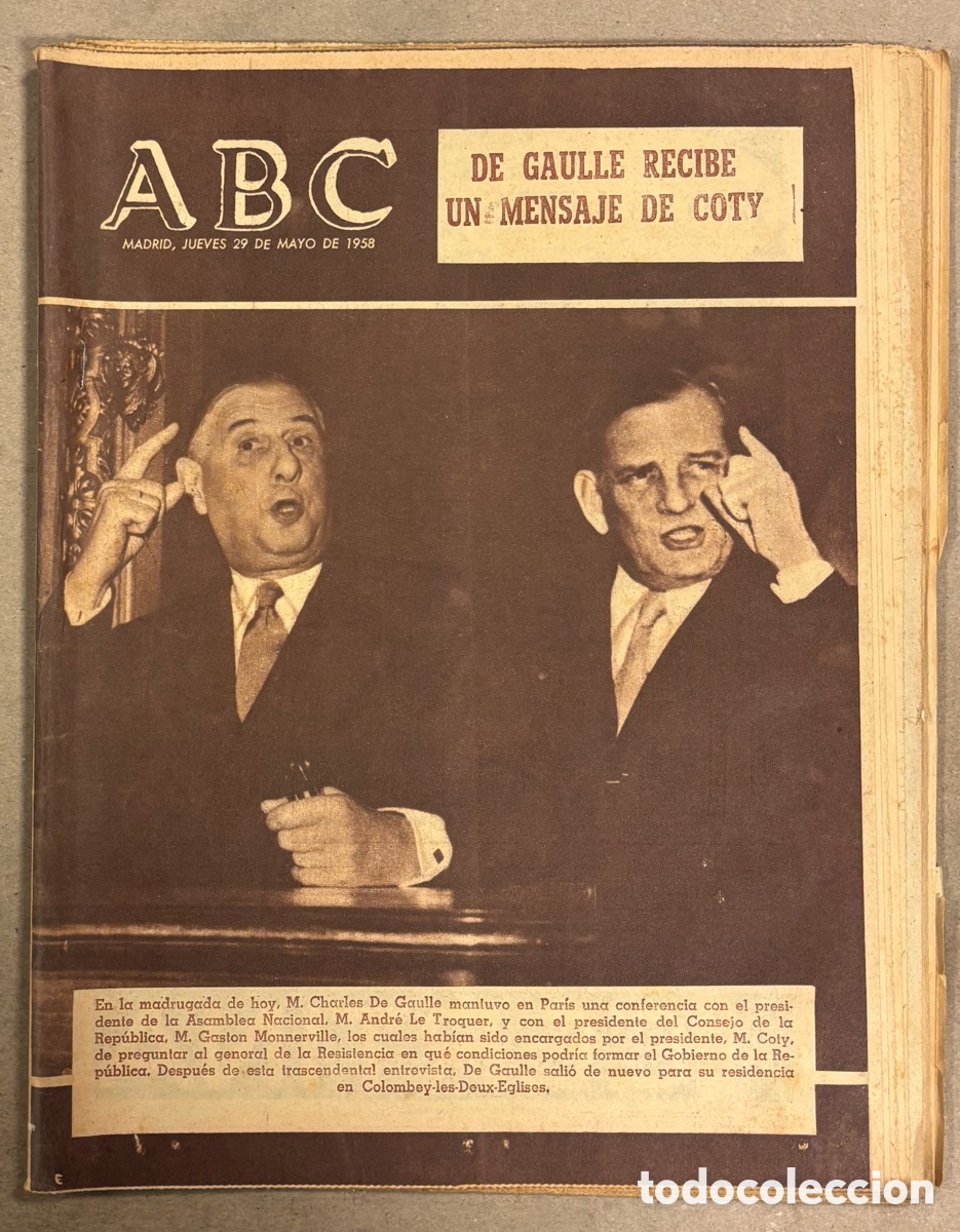 Coleccionismo de revistas y peri&oacute;dicos: ABC (29 MAYO 1958) REAL MADRID GANA 3&ordf; COPA DE EUROPA 3-2 FRENTE MIL&Aacute;N, DE GAULLE RECIBE MENSAJE DE