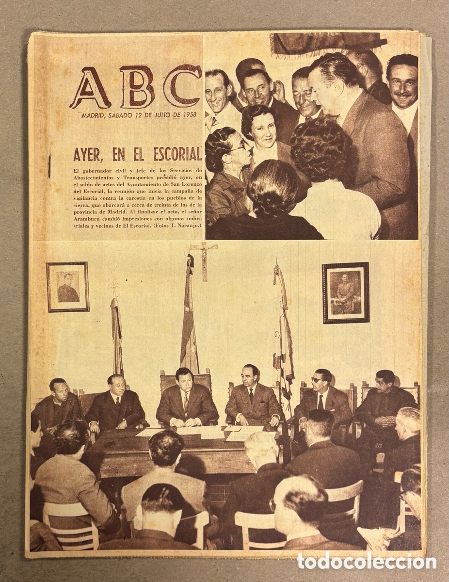 Coleccionismo de revistas y peri&oacute;dicos: ABC (12 JULIO 1958) REUNI&Oacute;N EN EL ESCORIAL CAREST&Iacute;A PRECIOS, PLAN BADAJOZ, ALMER&Iacute;A, RODAJE PAN AMOR