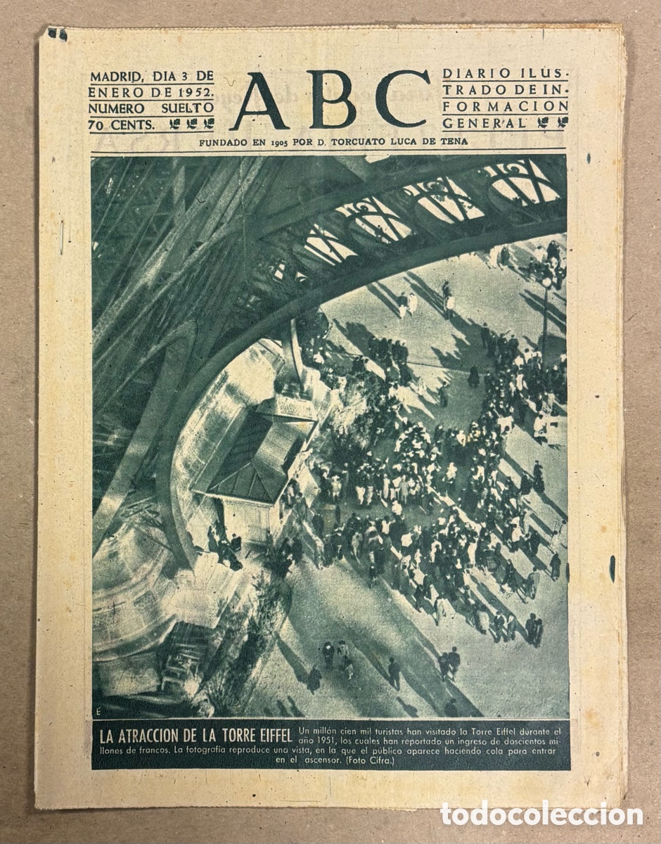 Coleccionismo de revistas y peri&oacute;dicos: ABC (3 ENERO 1952) LA ATRACCI&Oacute;N DE LA TORRE EIFFEL, TEMPORAL SAN SEBASTI&Aacute;N, GAVILAN BOXEADOR,&hellip;