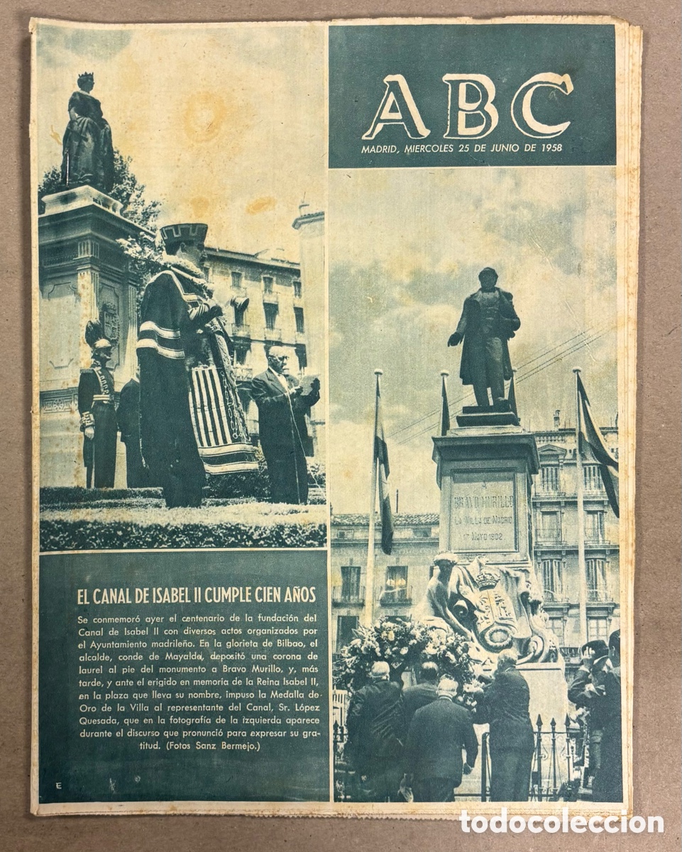 Coleccionismo de revistas y peri&oacute;dicos: ABC (25 JUNIO 1958) CANAL ISABEL II CUMPLE 100 A&Ntilde;OS, ENSIDESA, BRASIL - SUECIA FINAL MUNDIAL F&Uacute;TBO