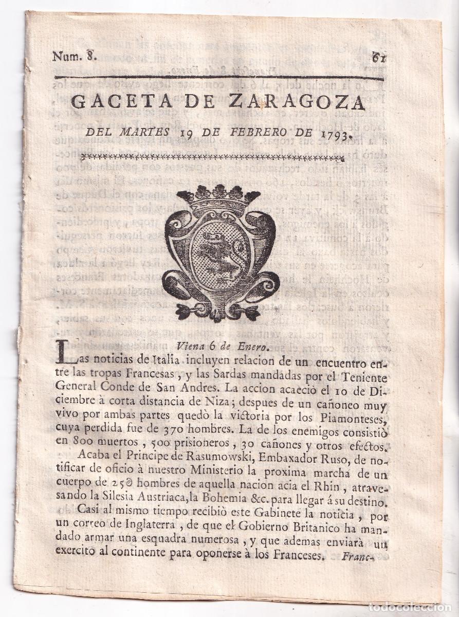 Coleccionismo de revistas y peri&oacute;dicos: GACETA DE ZARAGOZA. N&ordm; 8. MARTES 19 DE FEBRERO DE 1793. TESTAMENTO DE LUIS XVI