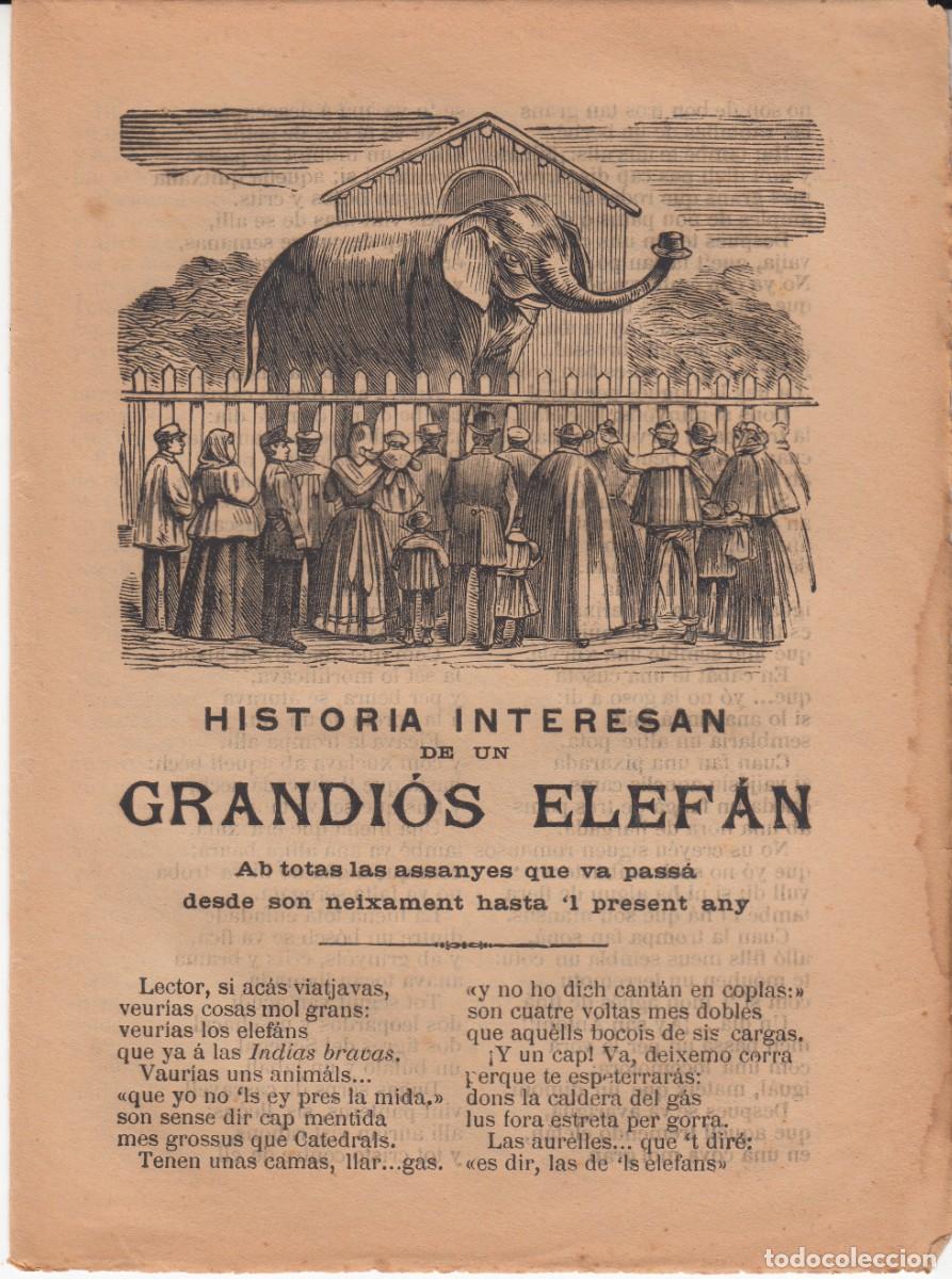 Coleccionismo de revistas y peri&oacute;dicos: PLIEGO DE CORDEL - ROMAN&Ccedil;OS - HISTORIA INTERESAN DE UN GRANDI&Oacute;S ELEFANT - SIGLO XIX
