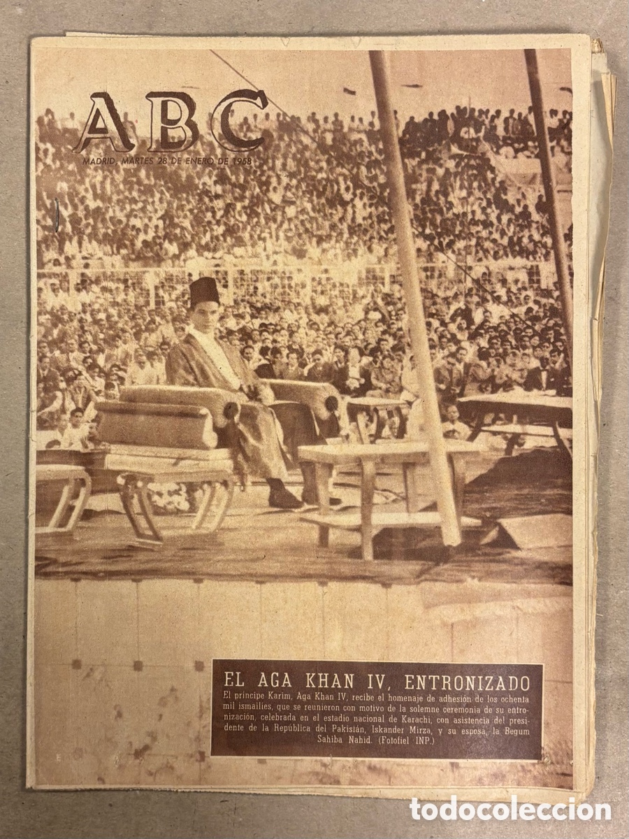 Coleccionismo de revistas y peri&oacute;dicos: ABC (28 ENERO 1958) EL AGA KHAN IV ENTRONIZADO, EXPORTACI&Oacute;N MADERA GUINEA,..