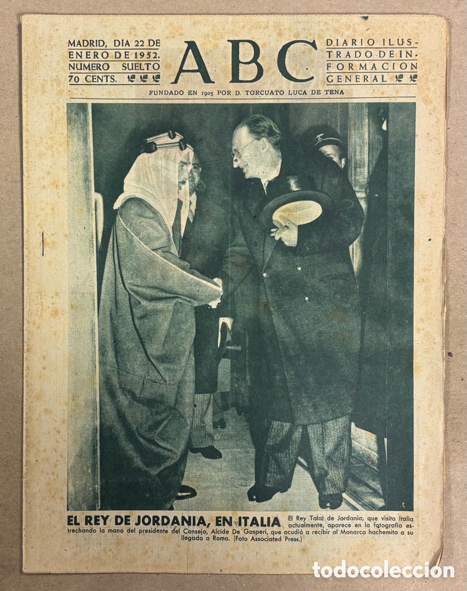 Collezionismo di Riviste e Giornali: ABC (22 ENERO 1952) REY TALAL JORDANIA EN ITALIA, INAUGURACI&Oacute;N ESCUELA EN SAN SEBASTI&Aacute;N DE LOS REYES