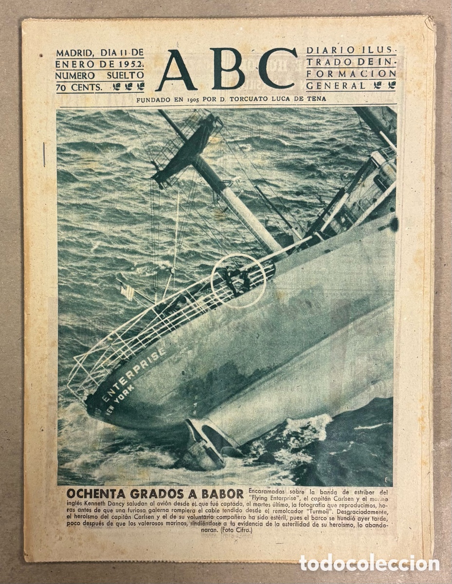 Coleccionismo de revistas y peri&oacute;dicos: ABC (11 ENERO 1952) HUNDIMIENTO BUQUE FLYING ENTERPRISE, TINA GASCO, MAESTRO SOROZABAL