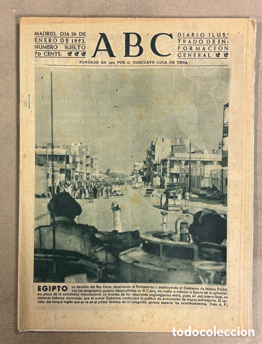 Coleccionismo de revistas y peri&oacute;dicos: ABC (29 ENERO 1952) CRISIS EGIPTO REY FARUK, MONTER&Iacute;A EN EL PARDO, REAL MADRID 2-1 ATL&Eacute;TICO MADRID