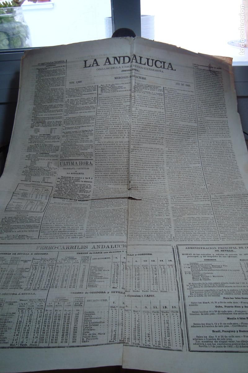 Coleccionismo de revistas y peri&oacute;dicos: ANTIGUO DIARIO PERIODICO LA ANDALUCIA ORGANO UNIO BETICO-EXTREME&Ntilde;A 1863. FERROCARRILES - CORREOS