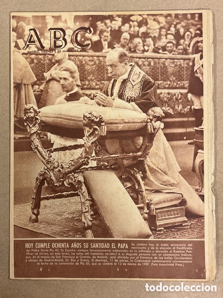 Coleccionismo de revistas y peri&oacute;dicos: ABC (19 MARZO 1956) PAPA P&Iacute;O XII CUMPLE 80 A&Ntilde;OS, ALBERTO CLOSAS, VALENTIN DE ZUBIAURRE, ORBEA