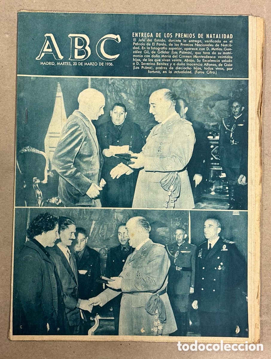 Coleccionismo de revistas y peri&oacute;dicos: ABC (20 MARZO 1956) ENTREGA PREMIOS DE NATALIDAD (18 HIJOS), EXPULSIONES EN EL METROPOLITANO