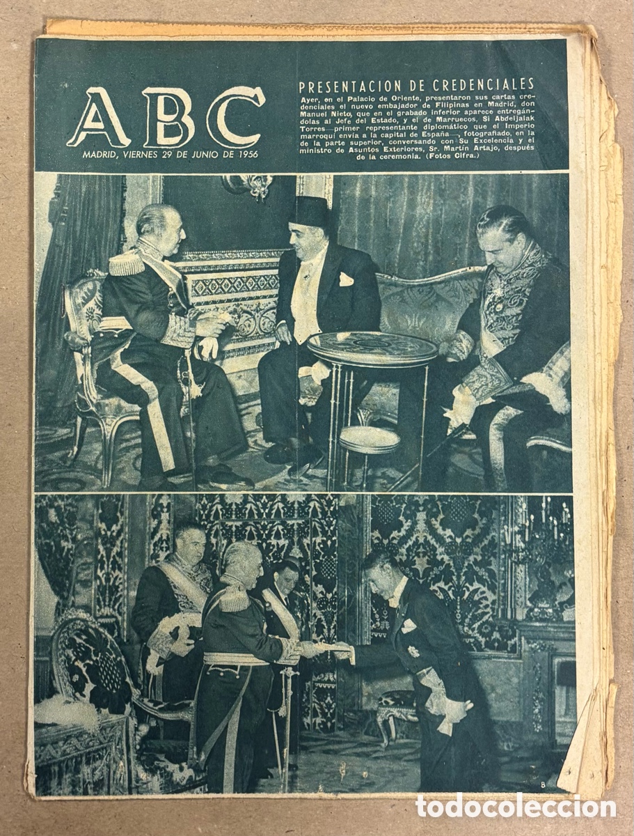 Coleccionismo de revistas y peri&oacute;dicos: ABC (29 JUNIO 1956) PRESENTACI&Oacute;N CREDENCIALES EMBAJADOR FILIPINAS, REAL MADRID RUMBO A CARACAS