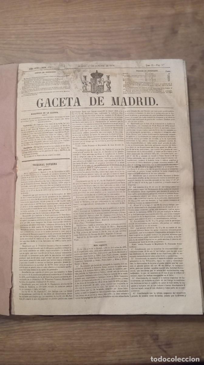 Coleccionismo de revistas y peri&oacute;dicos: GACETA DE MADRID. 4&ordm; TRIMESTRE 1872. TOMO ENCUADERNADO DE &Eacute;POCA. N&ordm; 275 A 366. AMADEO I