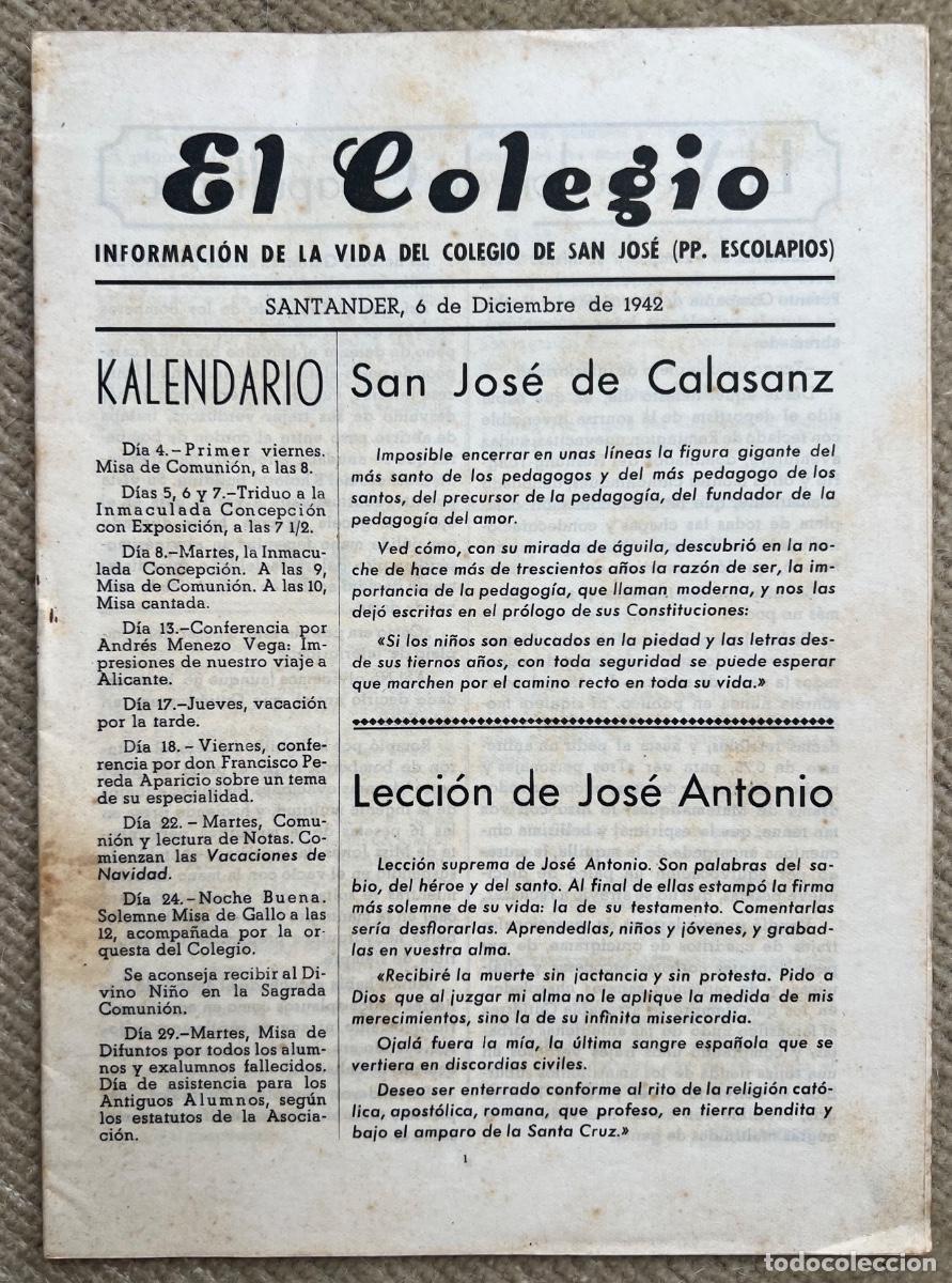 Coleccionismo de revistas y peri&oacute;dicos: Revista El Colegio - Santander, 6 Diciembre 1942 - Informaci&oacute;n Colegio San Jos&eacute; - P.P. Escolapios