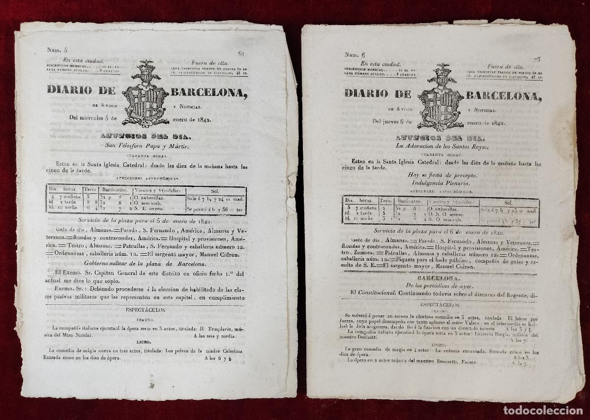 Coleccionismo de revistas y peri&oacute;dicos: PAREJA DE EJEMPLARES DEL DIARIO DE BARCELONA. N&Uacute;M. 5 Y 6. IMP. ANTONIO BRUSI. ESPA&Ntilde;A. ENERO, 1842.