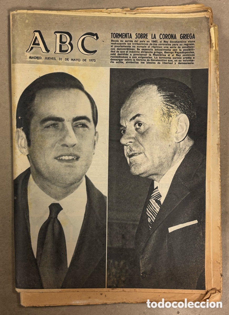 Coleccionismo de revistas y peri&oacute;dicos: ABC (31 MAYO 1973) TORMENTA SOBRE LA CORONA GRIEGA, PUERTO JOS&Eacute; BANUS, CRUYFF, CARMEN SEVILLA