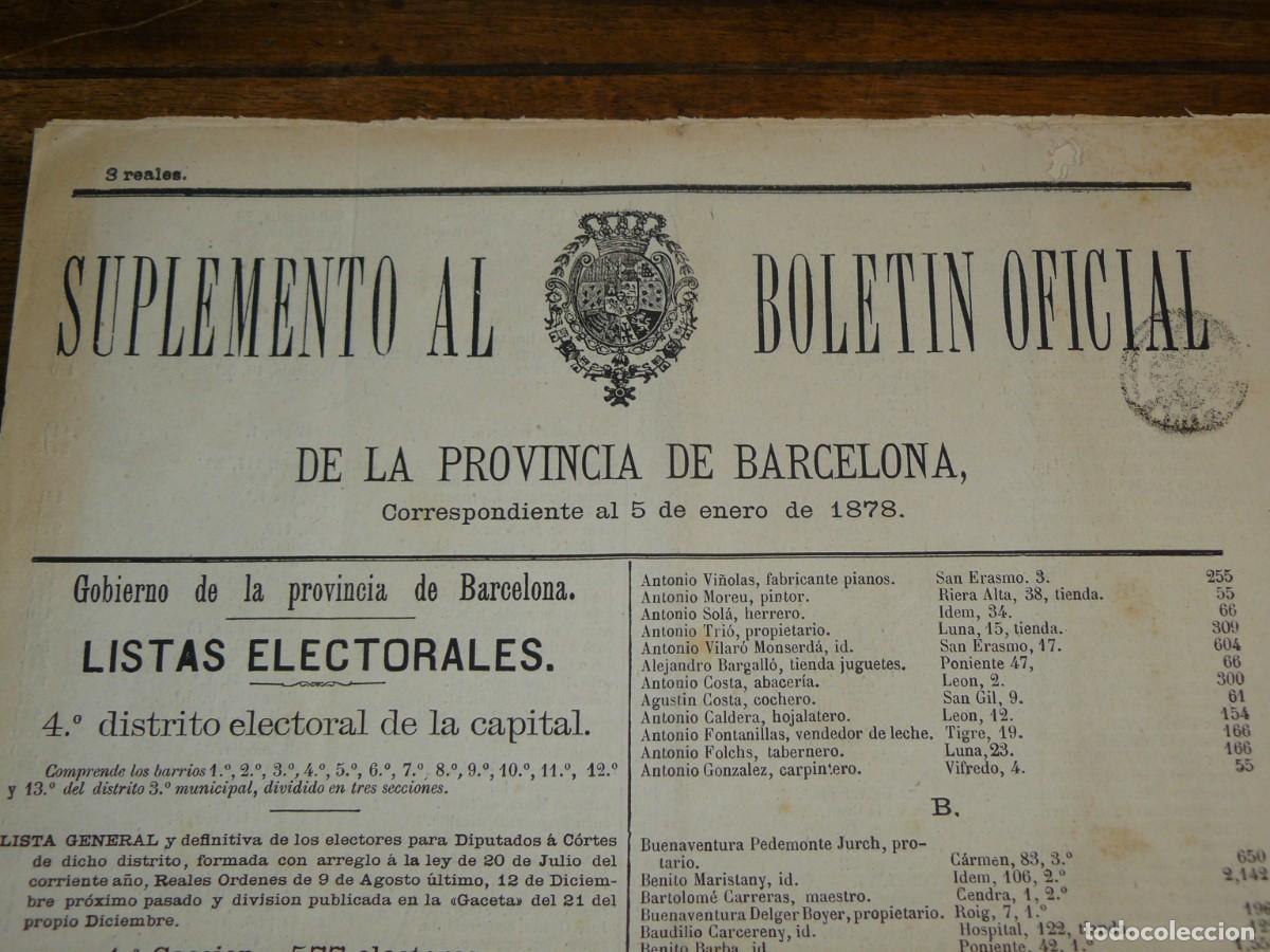 Colecionismo de Revistas e Jornais: SUPLEMENTOS AL BOLET&Iacute;N OFICIAL DE LA PROVINCIA DE BARCELONA -4 Y 5 DE ENERO 1878 -LISTAS ELECTORALES