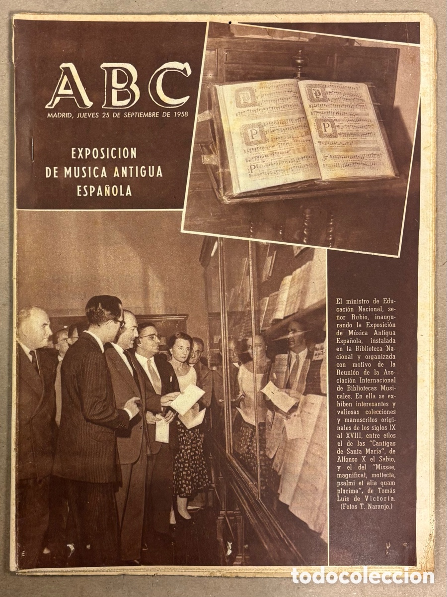 Coleccionismo de revistas y peri&oacute;dicos: ABC (25 SEPTIEMBRE 1958) EXPOSICI&Oacute;N DE MUSICA ANTIGUA ESPA&Ntilde;OLA, MANOLO CARACOL, PUENTE DE DEUSTO