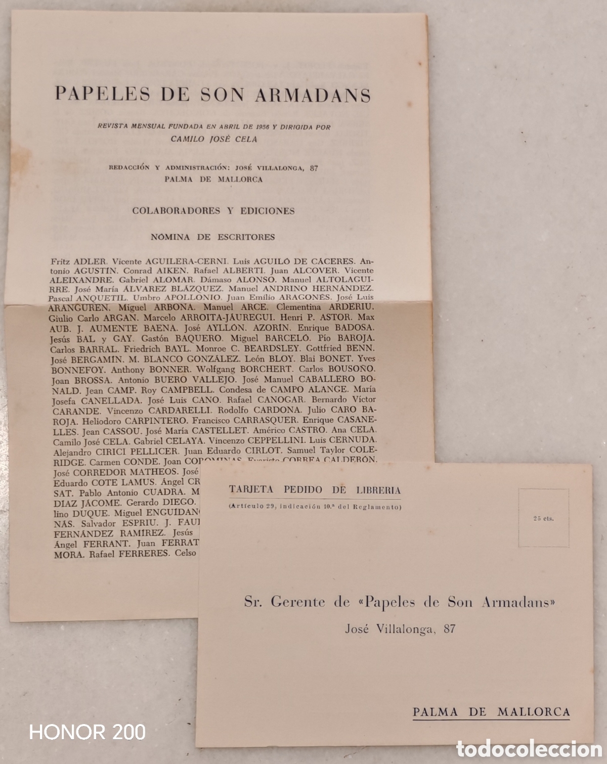 Coleccionismo de revistas y peri&oacute;dicos: Prospecto y Tarjeta de Pedidos de la Revista - Papeles de Son Armadans - Camilo Jos&eacute; Cela. 1959-60