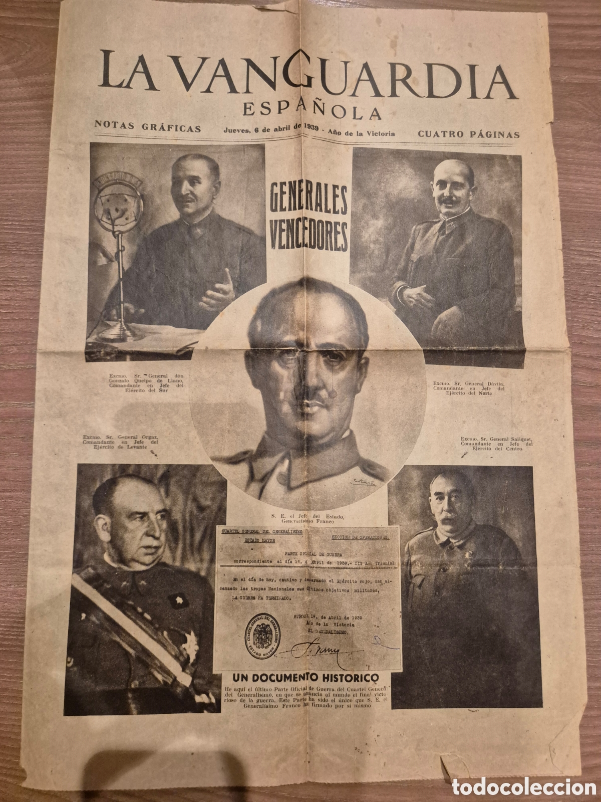 Coleccionismo de revistas y peri&oacute;dicos: LA VANGUARDIA 6 ABRIL 1939 GENERALES VENCEDORES FIGURAS DESTACADAS DEL GLORIOSO EJERCITO NACIONAL
