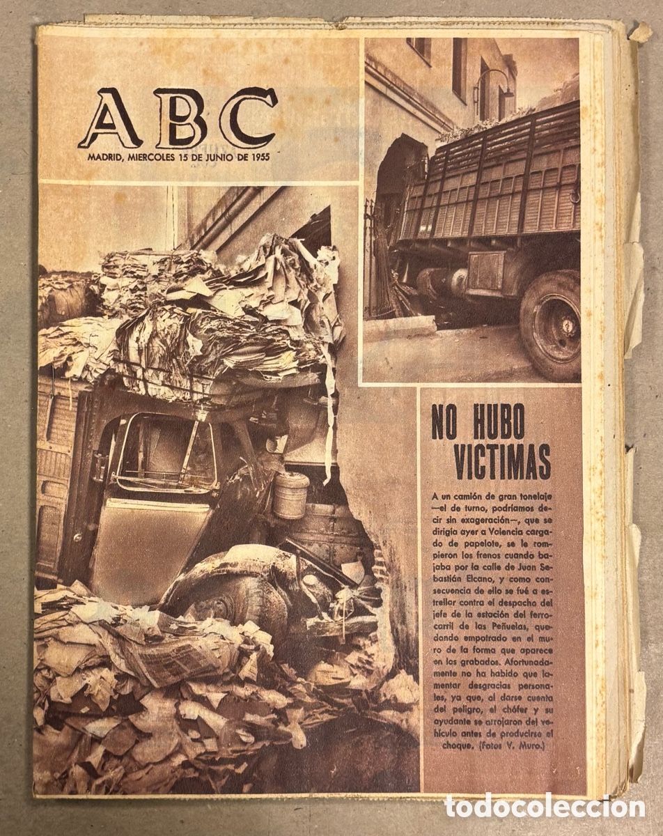 Coleccionismo de revistas y peri&oacute;dicos: ABC (13 JUNIO 1955) ACCIDENTE CAMI&Oacute;N ESTACI&Oacute;N TREN LAS PE&Ntilde;UELAS (VALENCIA), ACCIDENTE COCHE MARA&Ntilde;&Oacute;N