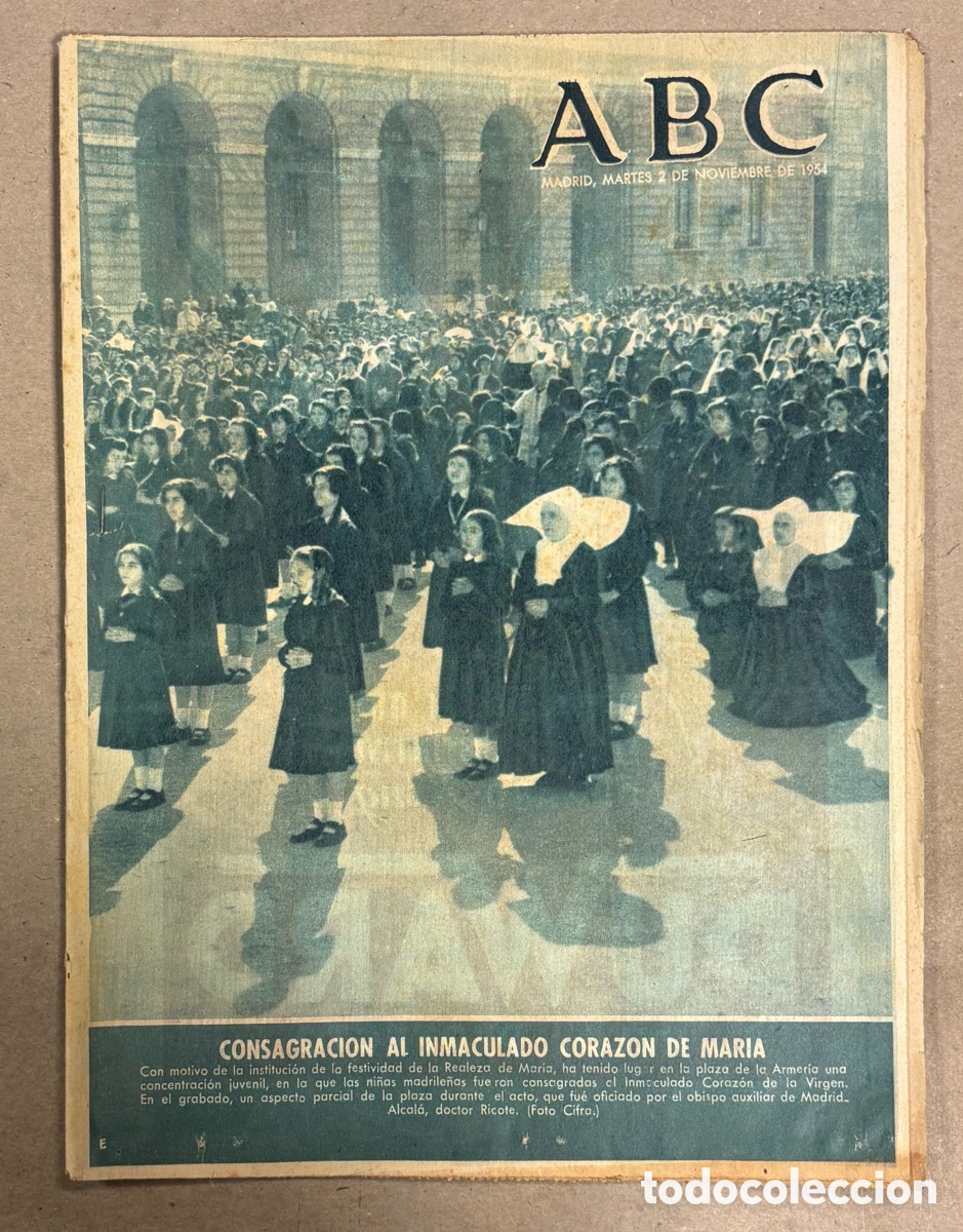 Coleccionismo de revistas y peri&oacute;dicos: ABC (2 NOVIEMBRE 1954) CONSAGRACI&Oacute;N AL INMACULADO CORAZ&Oacute;N MAR&Iacute;A, ATL&Eacute;TICO MADRID 4-0 REAL SOCIEDAD