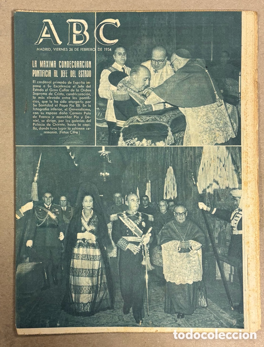 Coleccionismo de revistas y peri&oacute;dicos: ABC (26 FEBRERO 1954) CONDECORACI&Oacute;N PONTIFICIA A FRANCO, ESPA&Ntilde;OL 0-1 RACING AVELLANEDA, EXPOSICI&Oacute;N