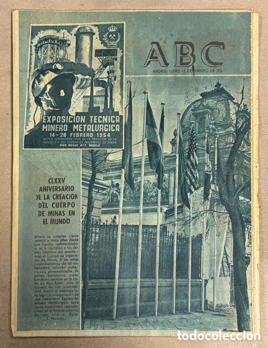 Coleccionismo de revistas y peri&oacute;dicos: ABC (15 FEBRERO 1954) ANIVERSARIO CREACI&Oacute;N CUERPO DE MINAS, ACCIDENTE TREN TORTOSA, PONFERRADA